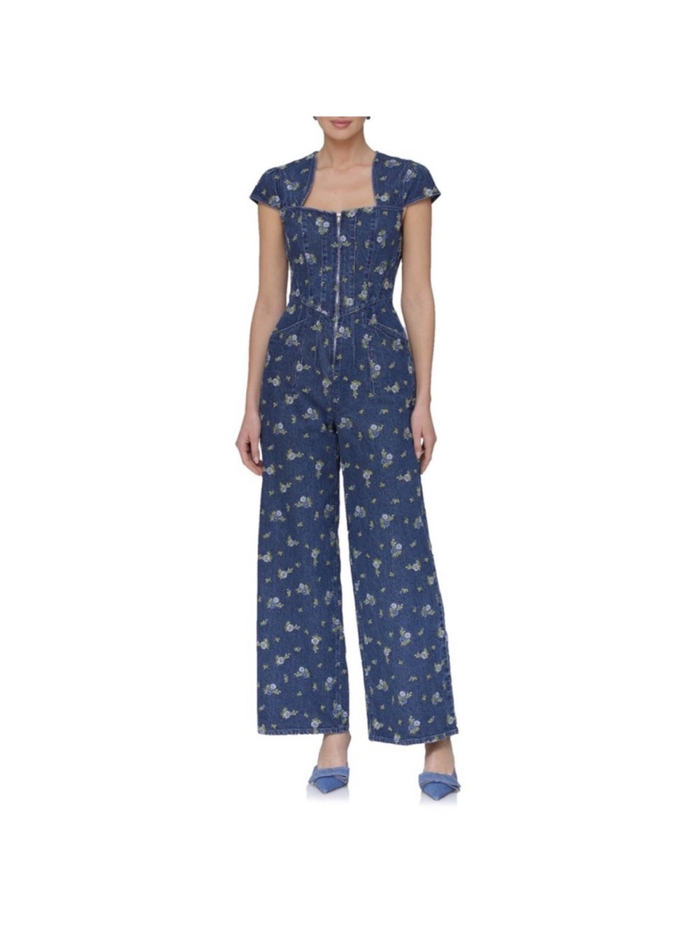 Avec Les Filles Blue Floral Square-Neck Wide-Leg Jumpsuit
